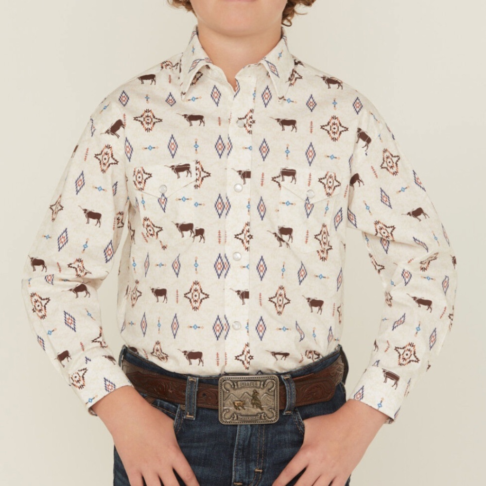 Western Steer Print Shirt Long Sleeve Snaps L 14 or Med 10 NWT Panhandle Slim